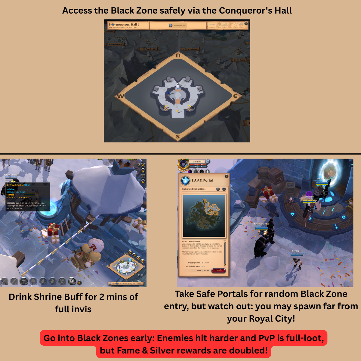 Screenshot collage on getting into the Black Zone: a Conqueror's Hall safe-region hub map with friendly players, an invisibility Shrine buff granting 2 minutes of full stealth, and a separate S.A.F.E. Portal screen offering random Outlands teleportation for a 10,000 silver baggage cost with a personal return portal that stays open for 90 minutes.