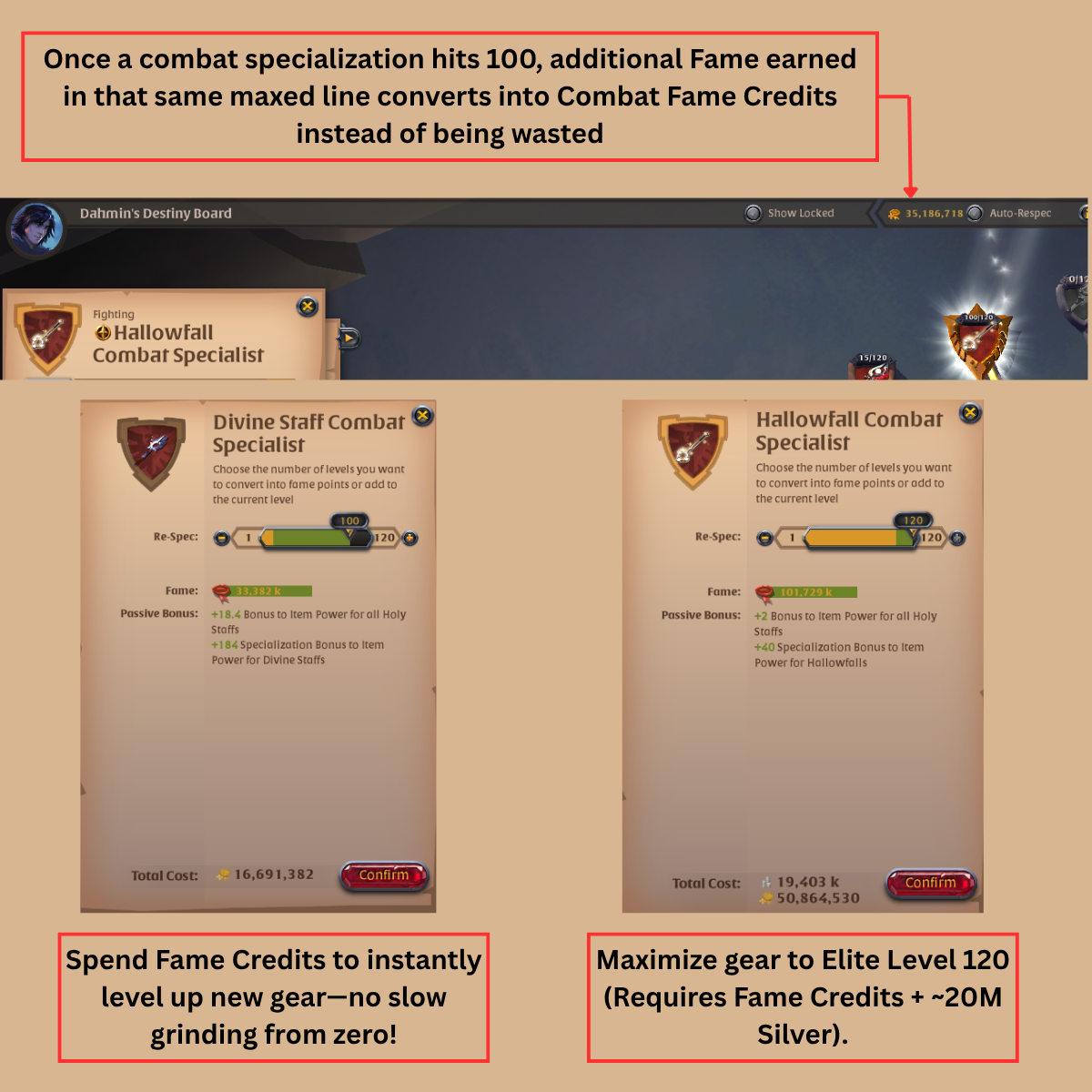 Screenshot of a Destiny Board Re-Spec screen: a Divine Staff Combat Specialist node at level 100/120 with 33,382k Fame and a 16,691,382 Fame Credit cost, next to a fully maxed Hallowfall Combat Specialist node at level 120/120 with 101,729k Fame and a cost of 19,403k Fame Credits plus 50,864,530 silver to reach Elite Level 120.
